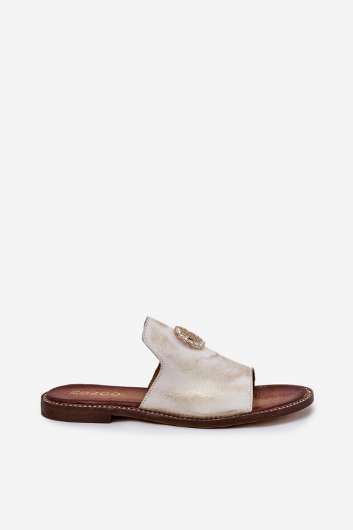 Stile elegante Pantofole in pelle Femminile con ornamenti Zazoo 3008 colore dorato Przecierany Stile elegante Pantofole in pelle Femminile con ornamenti Zazoo 3008 colore dorato Przecierany