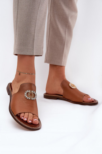 Stile elegante Pantofole in pelle Femminile con ornamenti Zazoo 3008 colore marrone 2