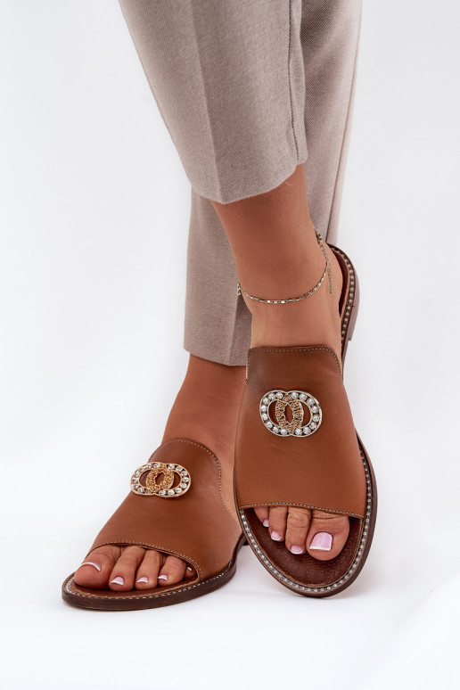 Stile elegante Pantofole in pelle Femminile con ornamenti Zazoo 3008 colore marrone Stile elegante Pantofole in pelle Femminile con ornamenti Zazoo 3008 colore marrone