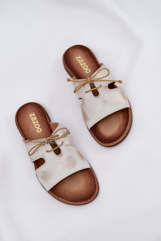 Pantofole in pelle Femminile con tacchi larghi Zazoo 3022 colore dorato Przecierany Pantofole in pelle Femminile con tacchi larghi Zazoo 3022 colore dorato Przecierany