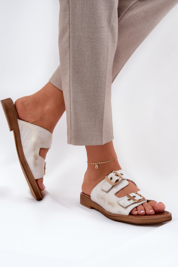 Pantofole in pelle liscia con fibbie Zazoo 3020 color oro consumato
