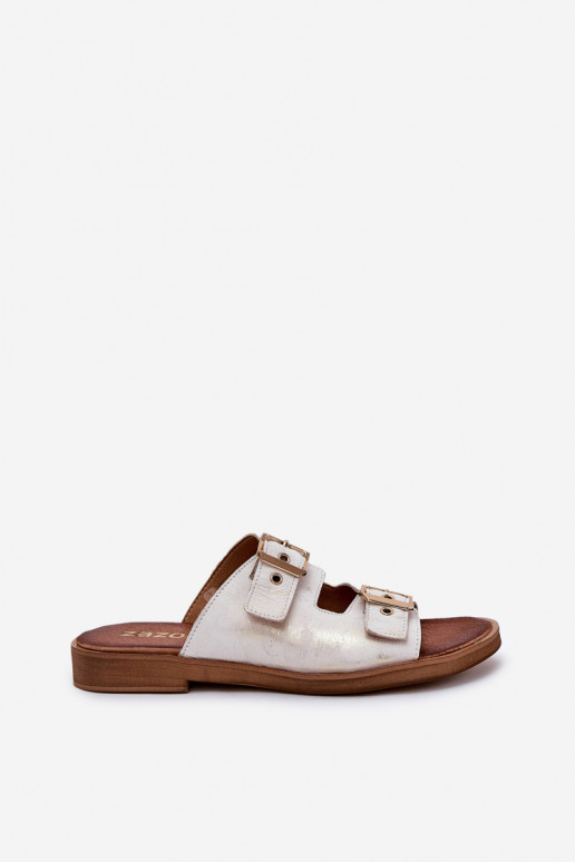 Pelle isoscele Pantofole con fibbie Zazoo 3020 colore dorato Przecierany Pelle isoscele Pantofole con fibbie Zazoo 3020 colore dorato Przecierany