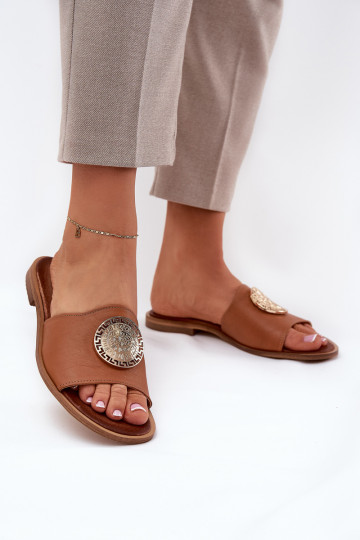 Zazoo 2938 Pantofole in pelle con tacchi larghi con ornamenti colore marrone