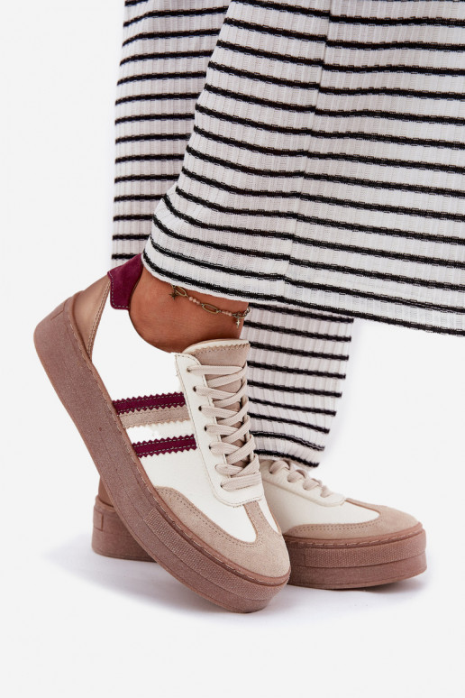 Pelle Scarpe modello sneakers Femminile con una piattaforma Zazoo N1234 beige-Borgogna Pelle Scarpe modello sneakers Femminile con una piattaforma Zazoo N1234 beige-Borgogna