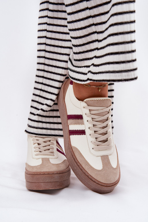 Pelle Scarpe modello sneakers Femminile con una piattaforma Zazoo N1234 beige-Borgogna Pelle Scarpe modello sneakers Femminile con una piattaforma Zazoo N1234 beige-Borgogna