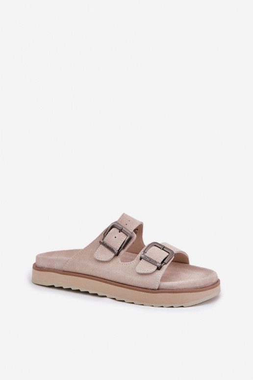 Pantofole da donna in pelle scamosciata con fibbie D.Franklin DFSH405001 beige Pantofole da donna in pelle scamosciata con fibbie D.Franklin DFSH405001 beige