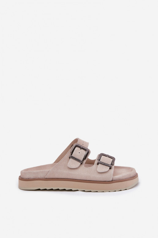 Pantofole da donna in pelle scamosciata con fibbie D.Franklin DFSH405001 beige Pantofole da donna in pelle scamosciata con fibbie D.Franklin DFSH405001 beige