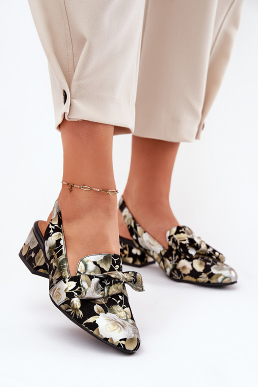 Pelle Scarpe con fiori con nastri N6539-44 colore nero