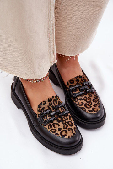 Mocassini neri in pelle con motivo leopardato Laura Messi 2965
