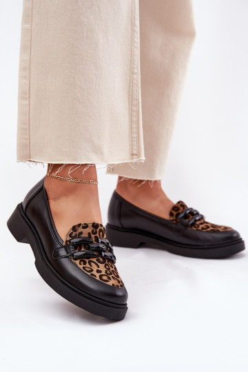 Mocassini neri in pelle con motivo leopardato Laura Messi 2965 2
