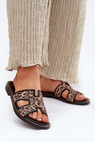 Pantofole nere in pelle piatta con motivo leopardato Zazoo 40383