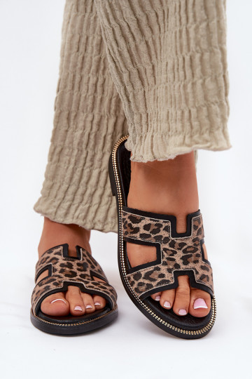 Pantofole nere in pelle piatta con motivo leopardato Zazoo 40383 2