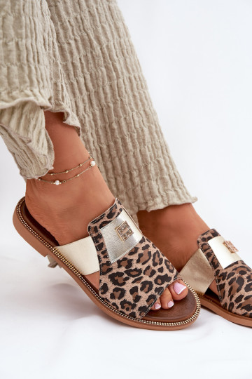 Stile elegante Pantofole Realizzato in pelle naturale con tacchi larghi Zazoo 40423 con motivi di pelliccia di leopardo