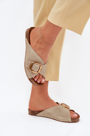 Pantofole in pelle con fibbie dorate Deveciejka 07000-22 PistacjoAe