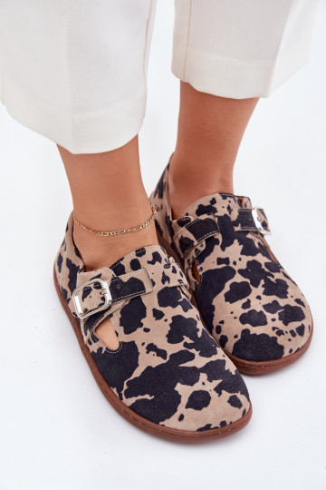 dalla pelle scamosciata scarpe Barefoot Femminile con fibbie Łaty Zazoo N1261 marrone-beige