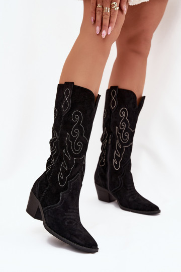 Stivali alti da donna in stile cowboy in camoscio con tacco, neri, Karira