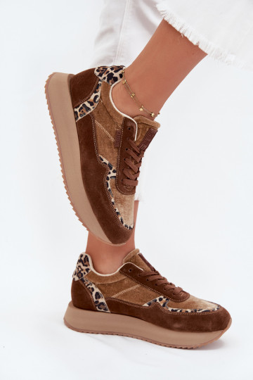 Sneakers in camoscio da donna Big Star OO274A313 HI-POLY SYSTEM, marroni con motivo in pelliccia di leopardo