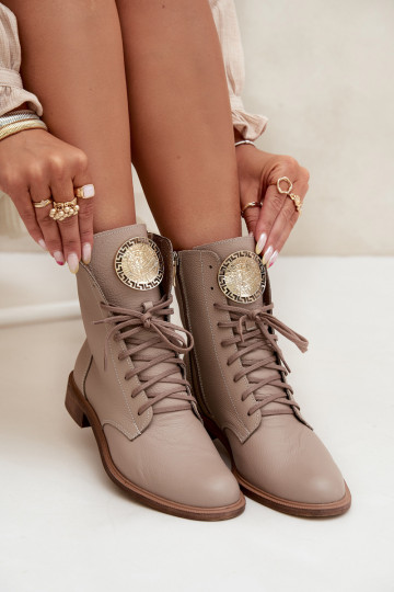 Pelle Stivali da donna con tacchi larghi Ze colore doratom Detalem Zazoo 3084 beige