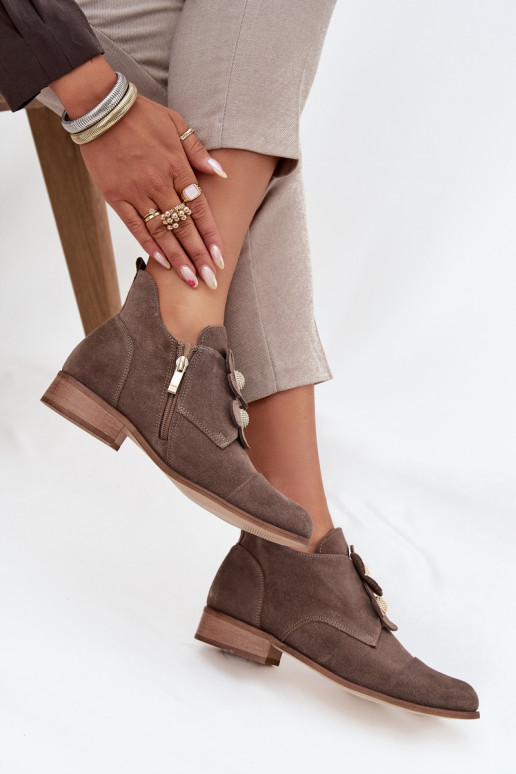 dalla pelle scamosciata scarpe Femminile Con decorazionii con motivi florealikami Zazoo 3080 beige