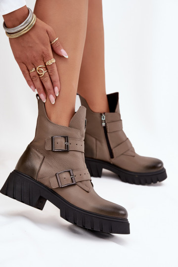 Stivali in pelle foderati per donna con fibbie e dettagli decorativi, Zazoo 60482, colore sabbia