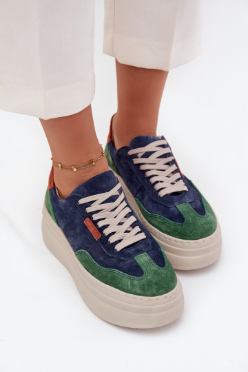 dalla pelle scamosciata Scarpe modello sneakers Femminile con una piattaforma Zazoo N1269S3 verde-blu scuro