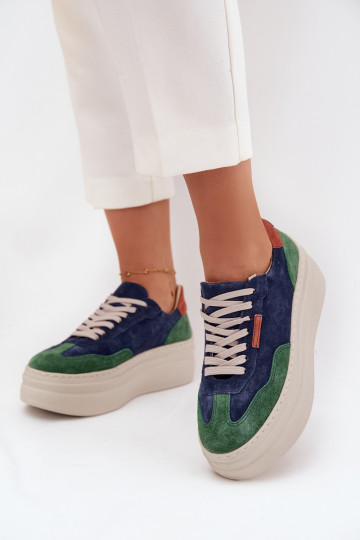 Scarpe sportive in camoscio per donna con piattaforma, Zazoo N1269S3, colore verde-blu scuro 2