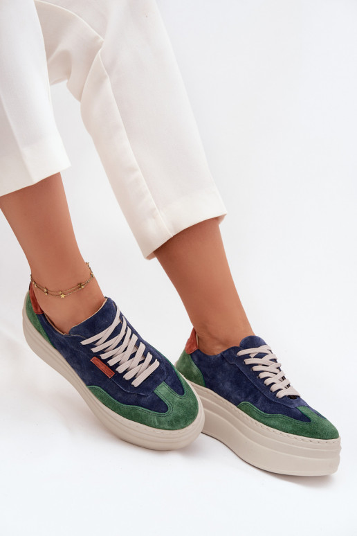 dalla pelle scamosciata Scarpe modello sneakers Femminile con una piattaforma Zazoo N1269S3 verde-blu scuro