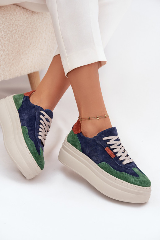 dalla pelle scamosciata Scarpe modello sneakers Femminile con una piattaforma Zazoo N1269S3 verde-blu scuro