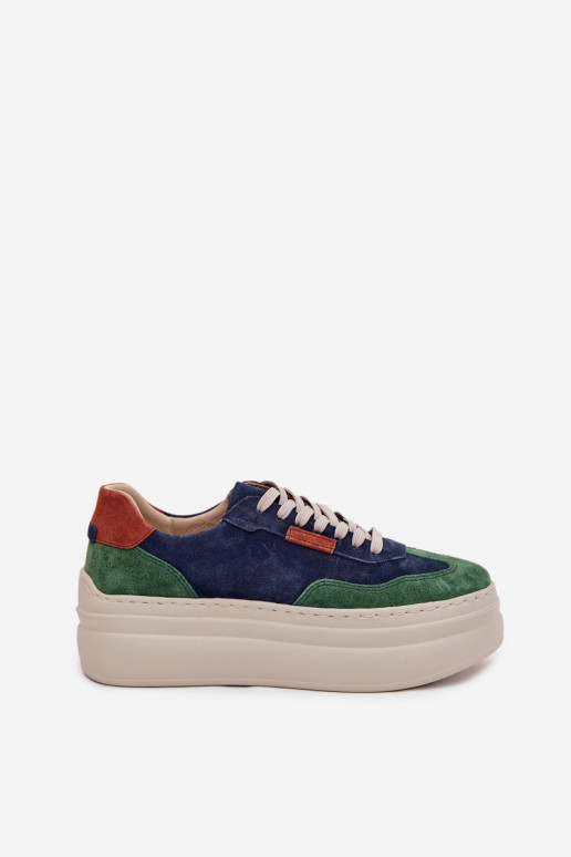 dalla pelle scamosciata Scarpe modello sneakers Femminile con una piattaforma Zazoo N1269S3 verde-blu scuro