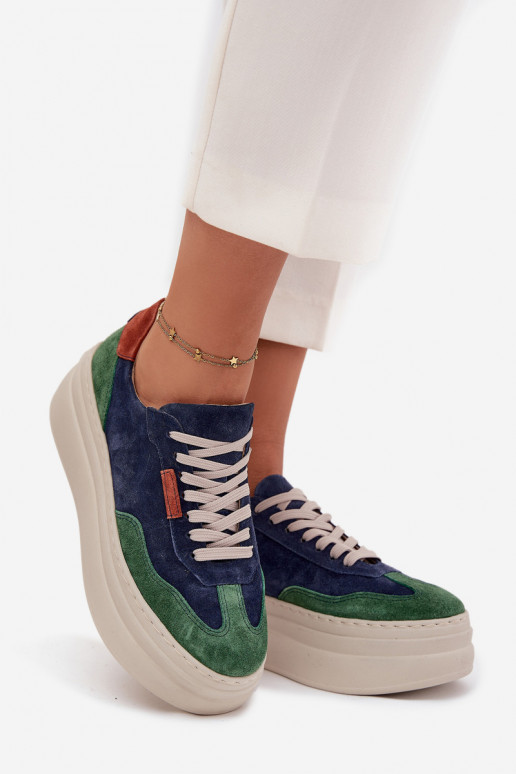 dalla pelle scamosciata Scarpe modello sneakers Femminile con una piattaforma Zazoo N1269S3 verde-blu scuro