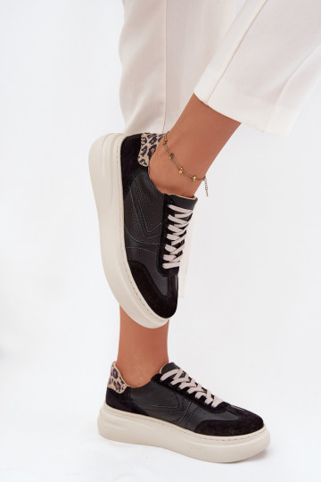 Scarpe da donna in pelle sportive con piattaforma e motivo leopardato Zazoo N1263 nere
