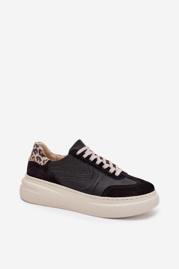 Scarpe da donna in pelle sportive con piattaforma e motivo leopardato Zazoo N1263 nere 2