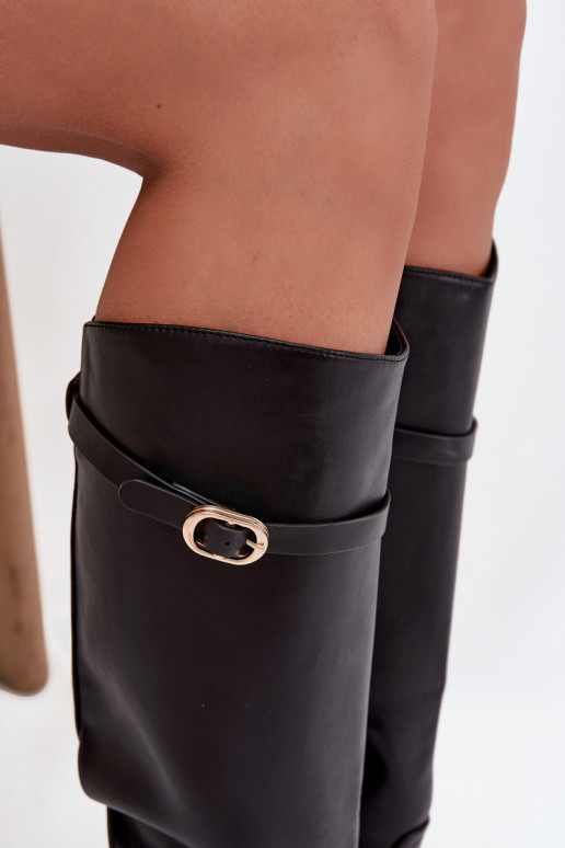 Stivali alti da donna con tacchi larghi, cinturini, fibbie dorate, neri, Sylvena