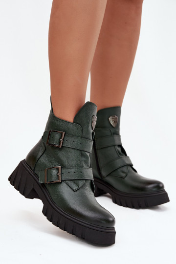 Stivali in pelle foderati per donna con fibbie e dettagli decorativi, Zazoo 60482, colore chaki 2