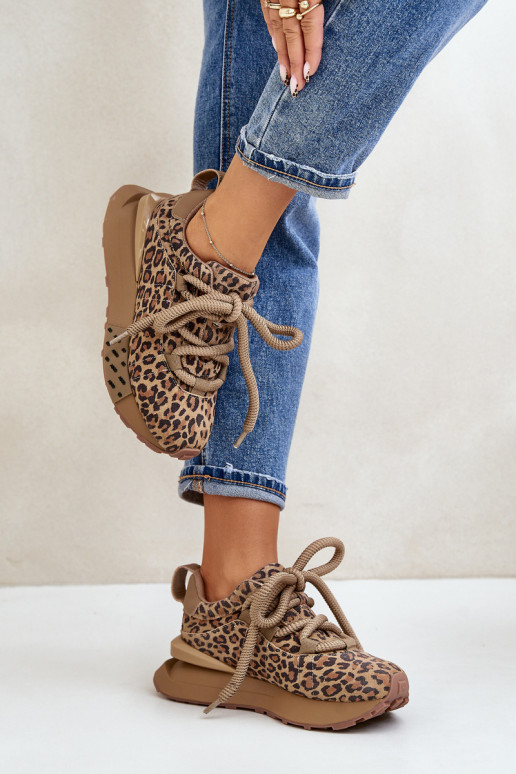 dalla pelle scamosciata Scarpe modello sneakers Femminile con una piattaformaGrubym Allacciaturam con motivi di pelliccia di leo