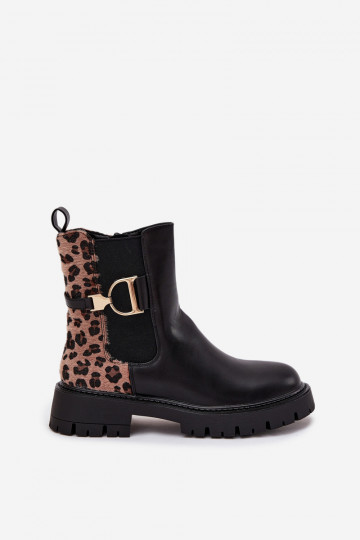 Stivaletti da donna caldi e stilosi con dettagli oro e motivo leopardato, neri Priscilla 2