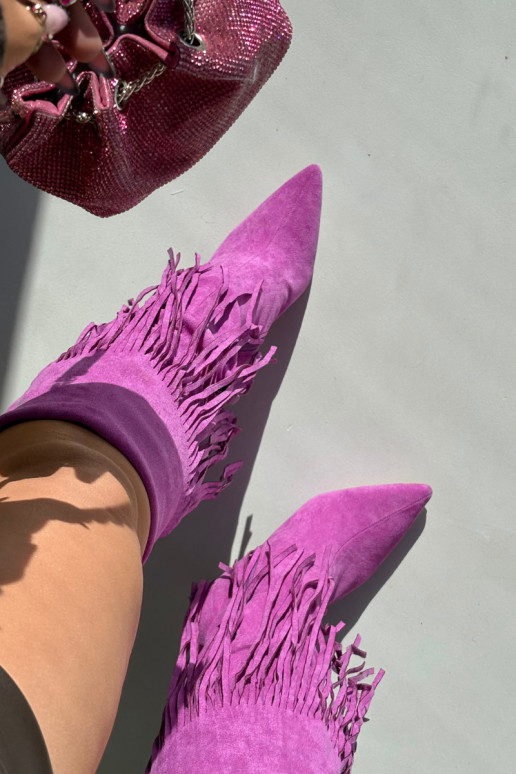 Stivali alti da donna con tacchi sottili e frange viola Isalune Stivali alti da donna con tacchi sottili e frange viola Isalune