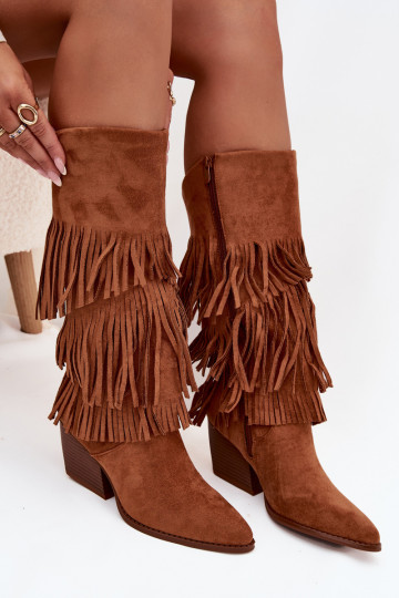 Stivali alti in stile cowboy foderati da donna con frange color marrone Brivina