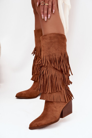 Stivali alti in stile cowboy foderati da donna con frange color marrone Brivina 2