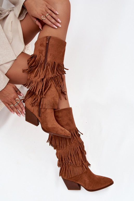 Stivali alti in stile cowboy foderati da donna con frange color marrone Brivina Stivali alti in stile cowboy foderati da donna con frange color marrone Brivina
