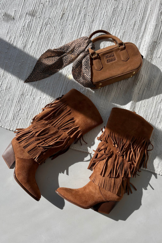 Stivali alti in stile cowboy foderati da donna con frange color marrone Brivina Stivali alti in stile cowboy foderati da donna con frange color marrone Brivina