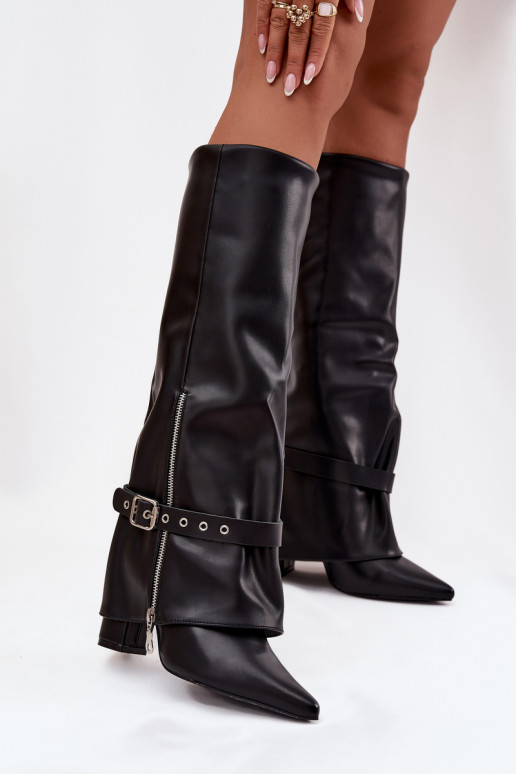 Stivali alti da donna modello slip-on con tacco, con tacchi decorati in ecopelle nera Jolivine