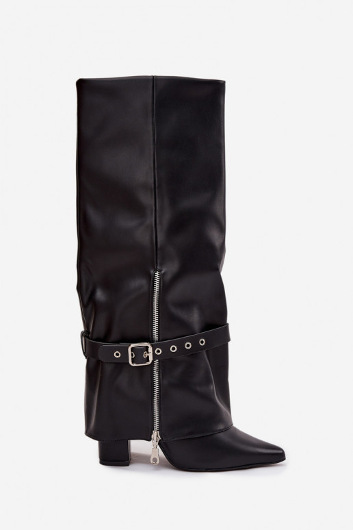 Stivali alti da donna modello slip-on con tacco, con tacchi decorati in ecopelle nera Jolivine