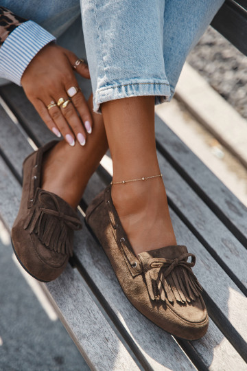 Mocassini da donna con frange e fiocco color chaki "Olivianne"