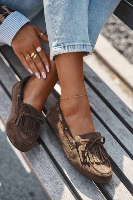 Mocassini da donna con frange e fiocco color chaki "Olivianne"