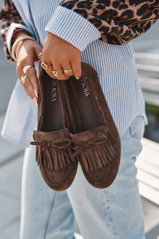 Mocassini da donna con frange e fiocco color chaki "Olivianne"