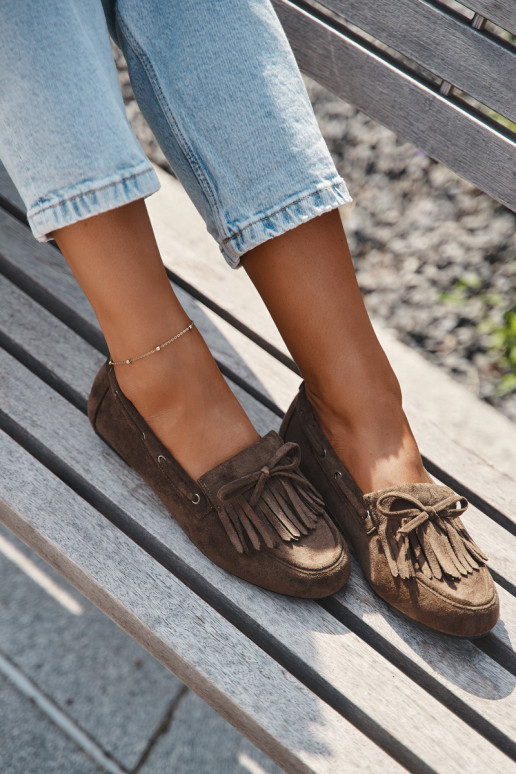 Mocassini da donna con frange e fiocco color chaki "Olivianne"