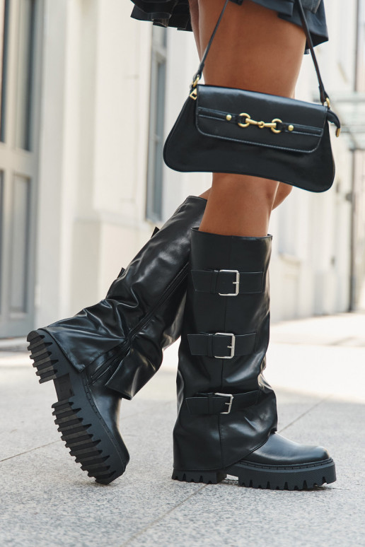 Stivali da donna alti imbottiti con fibbie argento neri "Isavine"