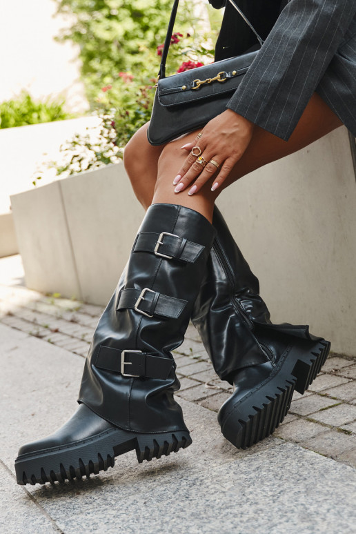 Stivali da donna alti imbottiti con fibbie argento neri "Isavine"