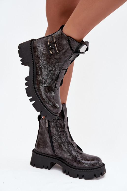 Pelle con effetto vernice Stivali da donna con ornamenti riscaldamento Artiker 57C2081 colore grigio